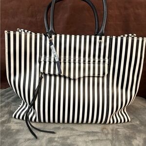 Rebecca Minkoff MAB Tote Black White Stripe Canvas Leather Handles